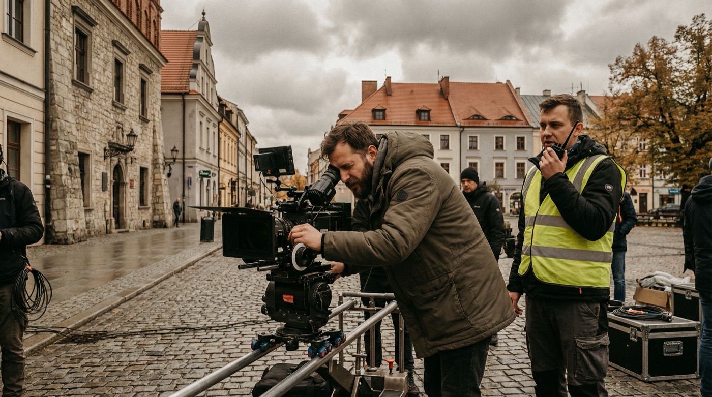 Film production on location in a Polish old town